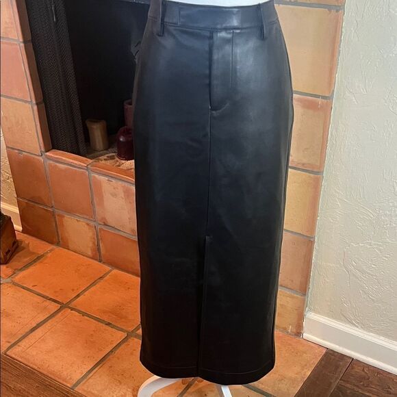 LOFT Black Faux Leather Front Slit Midi Pencil Skirt, size 2 - Picture 2 of 10